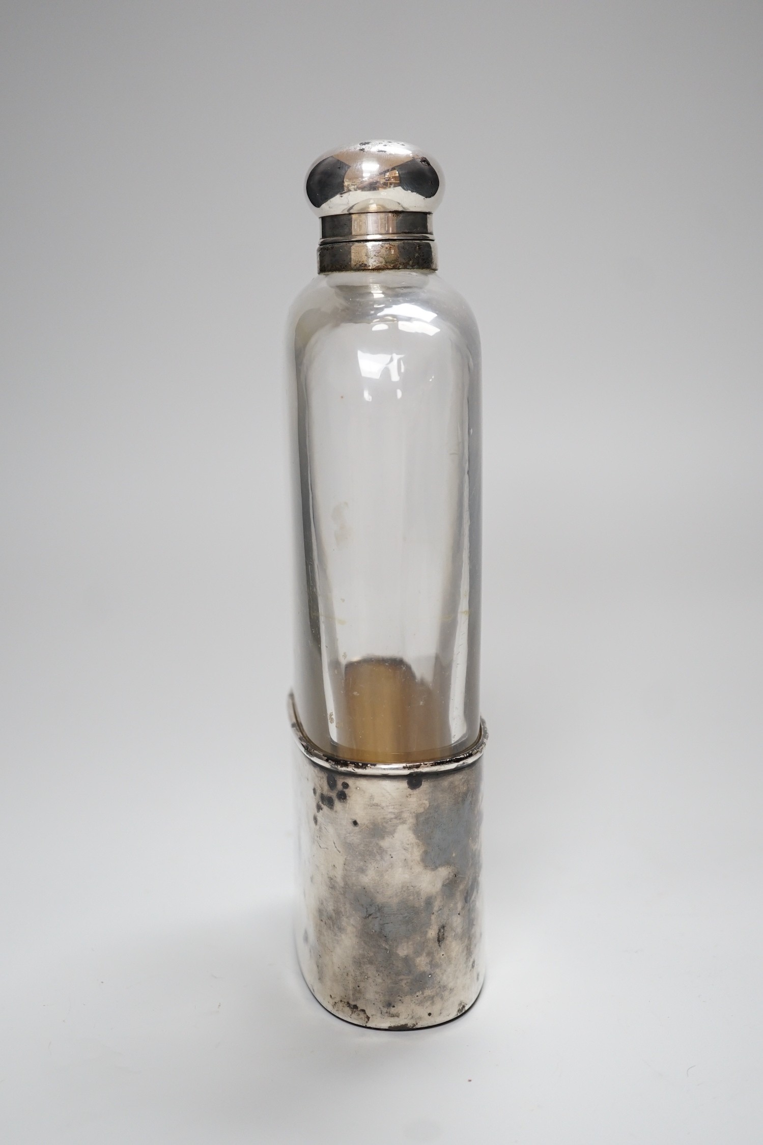 A Goliath size silver plate mounted hip flask, 23.5cm